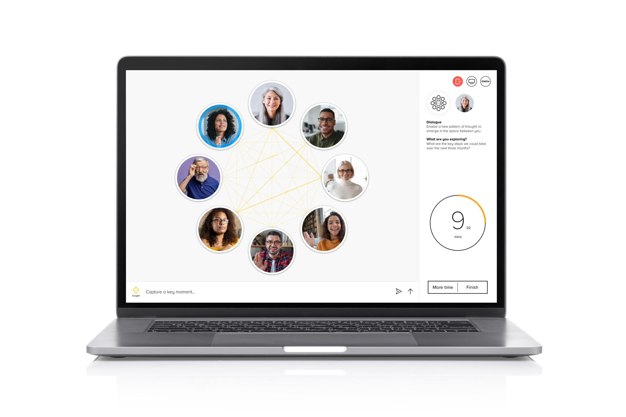 A laptop showinf Bixe's dialogue feature, with users in a circle joined by a web and a timer